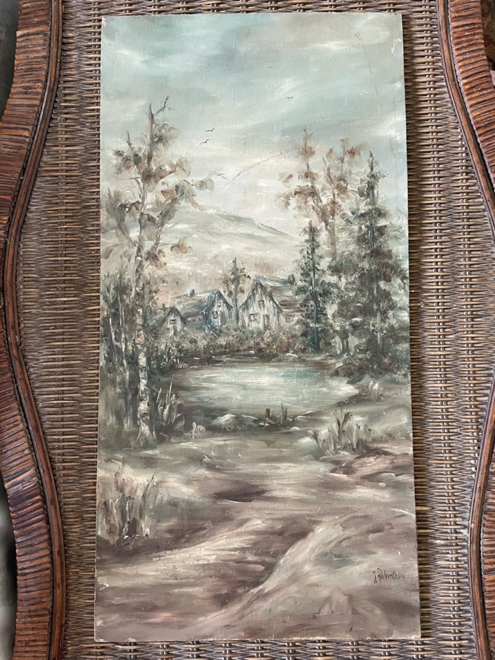 VINTAGE Original Oil Painting Canvas Serene Green + Gray Landscape Art Signed